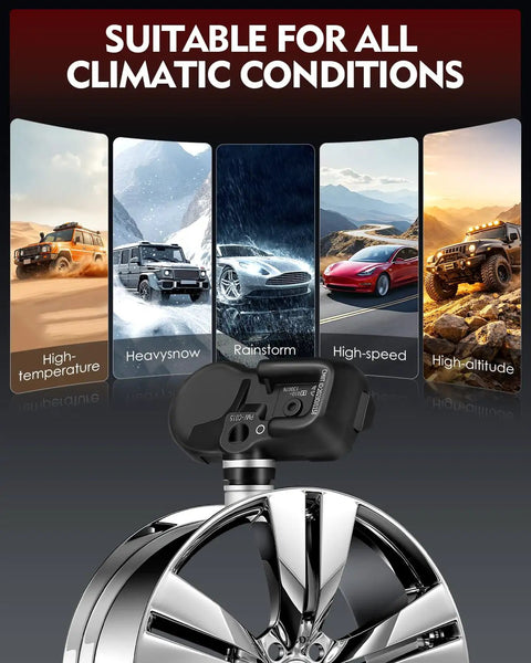Preprogrammed 315Mhz Tpms Tire Pressure Monitor Sensor For Toyota Camry Corolla Cross Avalon Bz4X on a wheel, showcasing suitability for all climates.
