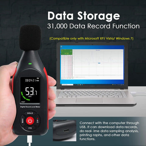 Portable Decibel Meter Data Logger With USB Export, Graph Printing, And A Weighted Sound Level Monitoring For Noise Control At Home Or Work, Fast Slow Response, Max Hold, 3 Color Alarm, Ideal For Noisy Neighbor And Factory Noise. Handheld black sound meter with laptop graph.