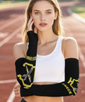 Top Shelf Sun Protection Compression Arm Sleeves Breathable Ice Silk Guards For Cycling Golf Basketball worn by a model on a track.