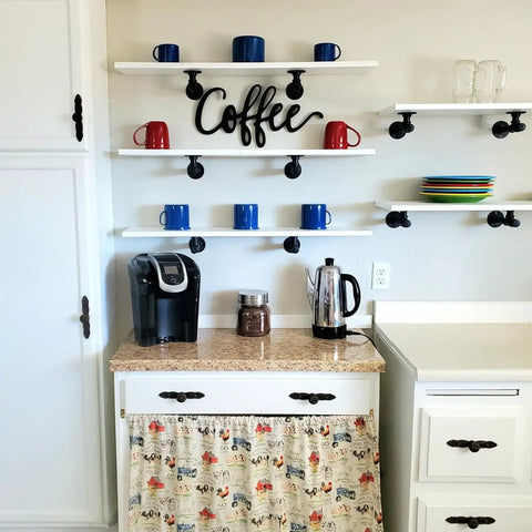 Kitchen with Industrial Pipe Shelf Brackets 6.7 Inch 10 Pack, L Shaped Iron Shelving Brackets and coffee-themed decor