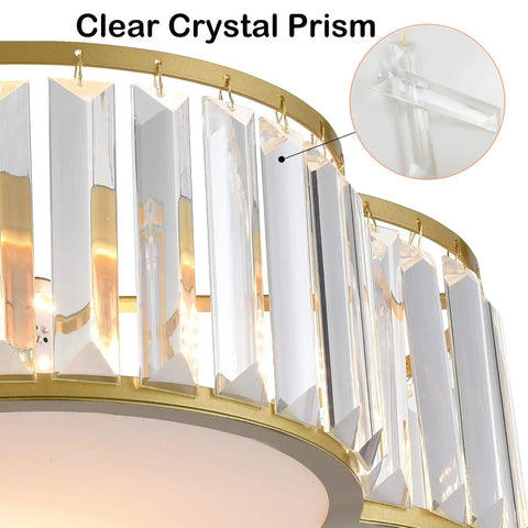 Side detail of Gold Crystal Flush Mount Ceiling Light 5 Light Chandelier showing blingy crystal rods and gold frame close-up