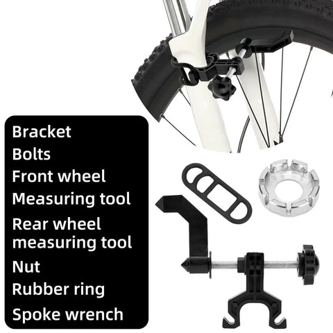 Portable Bicycle Wheel Truing Stand Kit With Spoke Wrench Front Wheel Probe And Rubber Ring For MTB And Road Bike Maintenance Beat Wobble Precision Alignment And Stable Repairs Durable ABS And Stainless Steel Build components with tools shown