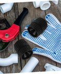 Two Pack Pipe Deburring Reamer Tool Set for easy operation next to plumbing accessories on wooden surface.
