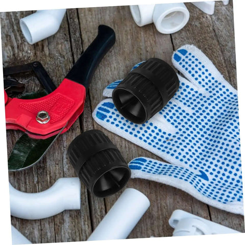 Two Pack Pipe Deburring Reamer Tool Set for easy operation next to plumbing accessories on wooden surface.