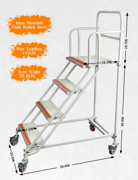 Smooth Rollin Heavy Duty 4 Step Ladder With Ball Bearing Caster Wheels Industrial Shop Platform Cold Rolled Steel Body Holds Up To A Solid 445 Pounds For Garage Or Warehouse Projects