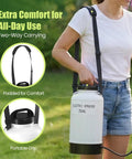 Rechargeable 2.11 Gallon Garden Sprayer With USB Powered Handle being carried with adjustable shoulder strap outdoors