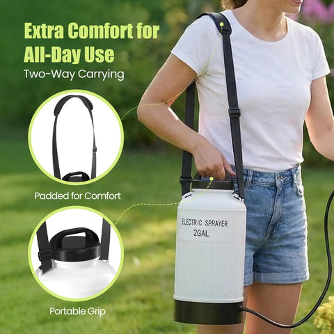 Rechargeable 2.11 Gallon Garden Sprayer With USB Powered Handle being carried with adjustable shoulder strap outdoors