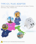 All In One Universal EU Travel Plug Adapter With Foldable Travel Ready Design And 3 USB Ports 1 USB C Port And 1 AC Outlet US To Europe Charger For France Germany Spain Italy And More Type C And L Compatible next to map of Europe showing usage in France, Germany, Spain, and Italy.