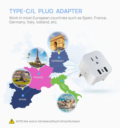 All In One Universal EU Travel Plug Adapter With Foldable Travel Ready Design And 3 USB Ports 1 USB C Port And 1 AC Outlet US To Europe Charger For France Germany Spain Italy And More Type C And L Compatible next to map of Europe showing usage in France, Germany, Spain, and Italy.