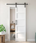 24x84 Inch White Barn Door With 4 Foot Sliding Hardware Kit And Handle Included MDF Solid PVC Surface DIY Assembly Easy To Install 5 Panel Rustic Modern Vibe Ideal For Farmhouse Rooms And Closets