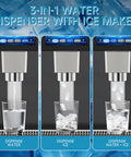 3-in-1 water dispenser with ice maker showing water, ice, and combined dispensing features with clear glass.