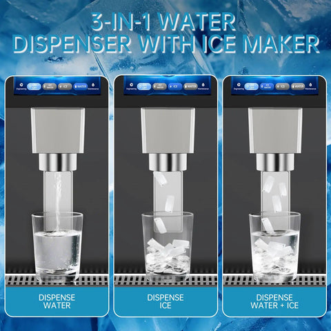 3-in-1 water dispenser with ice maker showing water, ice, and combined dispensing features with clear glass.