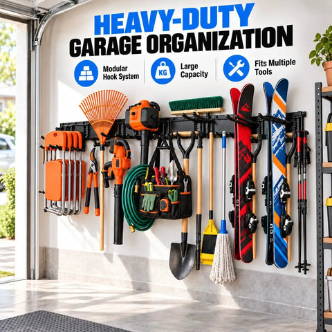 Hella Sturdy Garage Tool Organizer Wall Mount With Rock Solid Heavy Carbon Steel Frame 66 Inch holding various garden tools and skis.