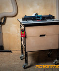No Sweat Workshop Rig 120V Magnetic Knee Activated Emergency Stop Switch With 5.5 Foot Cord For Table Saws Router Tables Drill Presses Hands Free Controls mounted on router table.