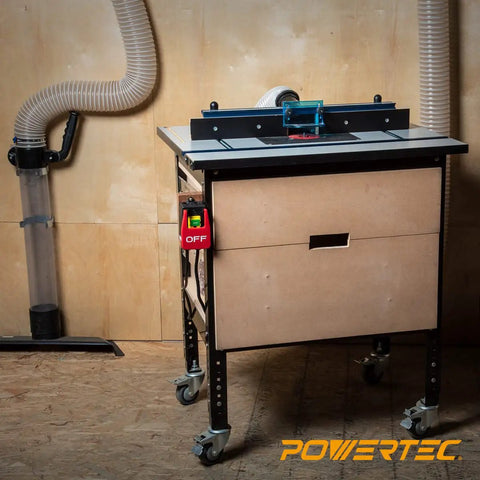 No Sweat Workshop Rig 120V Magnetic Knee Activated Emergency Stop Switch With 5.5 Foot Cord For Table Saws Router Tables Drill Presses Hands Free Controls mounted on router table.