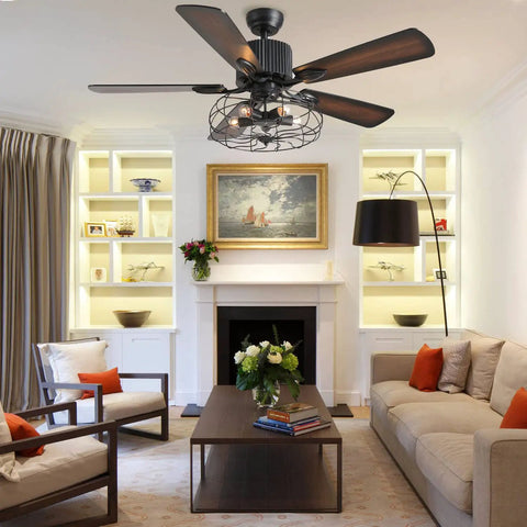 Living room with Dope 52 Inch Farmhouse Ceiling Fan With Light And Remote Black Rustic Industrial Ceiling Fan and caged light.