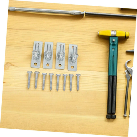Four Pack Heavy Duty Wall Mount Gate Hinges With Included Mounting Screws on a wooden surface with screws and tools.