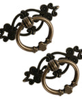 Antique Bronze Ring Pull Handles Set Of 8 With Ornate Backplates For Furniture Restoration, Vintage Single Hole Drawer Pulls 1.4 Inch Diameter