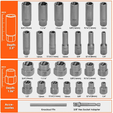Ultimate 65 Piece Bolt Extractor Kit For Damaged Bolts And Nuts With Left Hand Drill Bits And Three Eighths Inch Drive