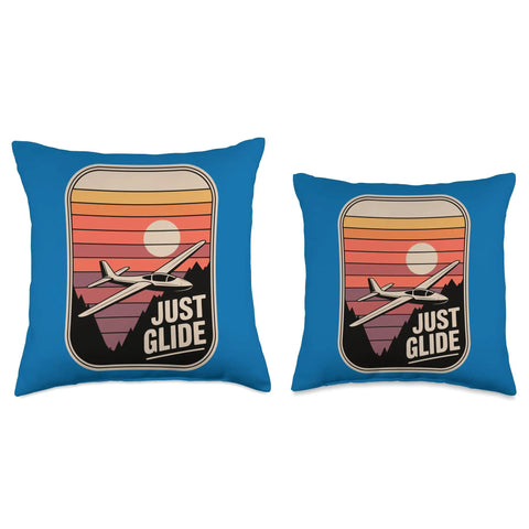 Two sizes of Glider Pilot Throw Pillow For Sailplane Fans And Soaring Junkies Cozy Cushion with "Just Glide" design.