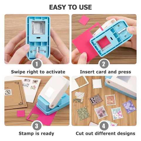 Rectangular Stamp Puncher Kit 0.8 Inch with lever action shown in steps for easy use on scrapbooking and card making projects.