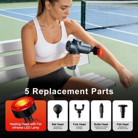 Woman using Heat Massage Gun For Pain Relief With Deep Tissue Back Massager Mini Percussion Massage Gun For Home Office Travel.