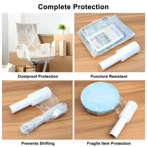 4 Inch Shrink Wrap Roll 500 Feet With Handle Two Pack showing dustproof protection, puncture resistance, and secure packing uses.