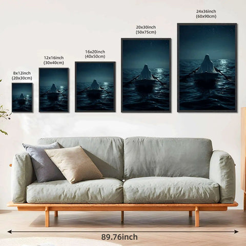 Moody Night Ocean Ghost Rowing Boat Poster Canvas Print With Gothic Minimalist Aesthetic Frame For Living Room And Bedroom Decor Black Framed Wall Art A Bold Statement Piece For Modern Home 24x36 Inches displayed with sofa