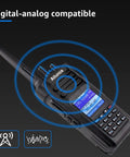 Beefed Up Dual Band DMR Analog Walkie Talkie IP67 Waterproof With 3200mAh USB C Battery shown with digital-analog compatibility.