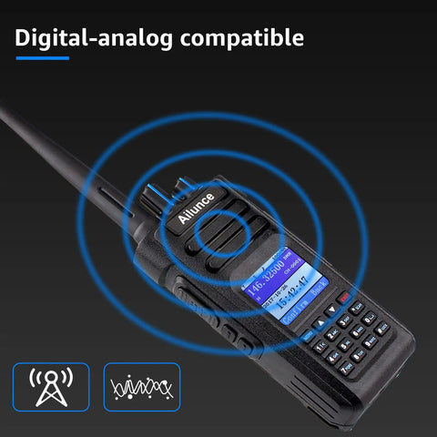 Beefed Up Dual Band DMR Analog Walkie Talkie IP67 Waterproof With 3200mAh USB C Battery shown with digital-analog compatibility.