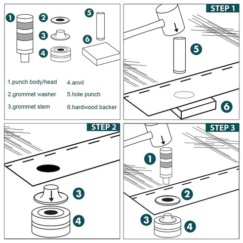 Illustration of Solid Brass Grommet Kit NH1003K step-by-step process with tools and components for leather and fabric crafting projects.