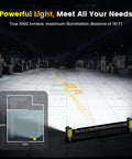 Ultra Bright 3000 Lumen LED Work Light With Magnetic Base And Hooks, demonstrating 131 ft beam distance in a large warehouse.