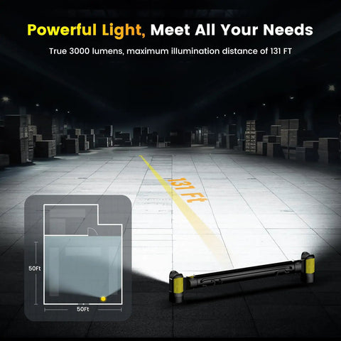 Ultra Bright 3000 Lumen LED Work Light With Magnetic Base And Hooks, demonstrating 131 ft beam distance in a large warehouse.