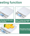Upgraded Large Digital Kitchen Scale With 5kg Capacity And 0.1g Precision in use, showing peeling function with citrus on platform