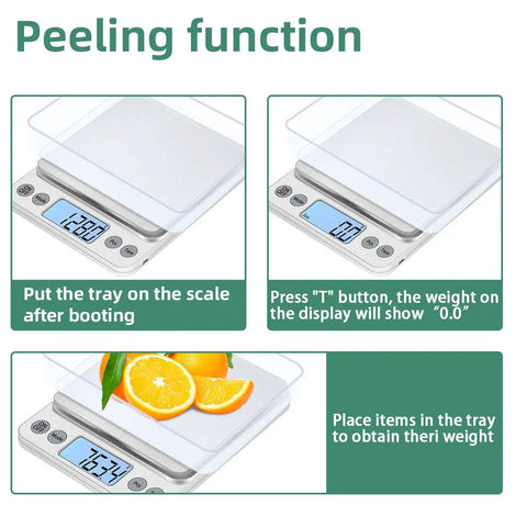 Upgraded Large Digital Kitchen Scale With 5kg Capacity And 0.1g Precision in use, showing peeling function with citrus on platform