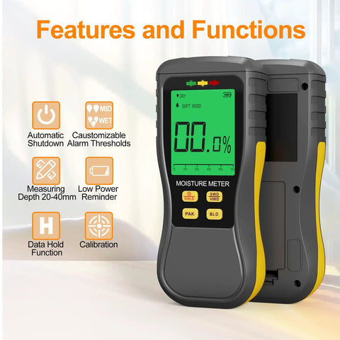 Pinless Digital Wood Moisture Meter Real Deal Non Destructive Induction Moisture Detector For Drywall Lumber And Building Materials Easy Read Backlit LCD With Audible Alert Three Color Indicator, front view