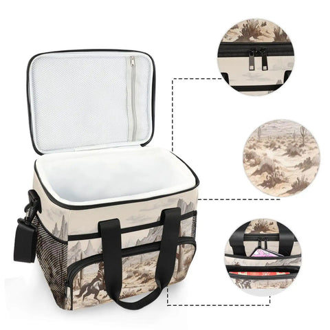 Open Desert Cowboy Insulated Lunch Bag with compartments, shoulder strap, tear-resistant polyester, 15L capacity