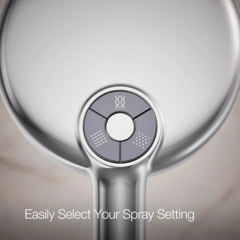 Close-up of spray setting button on Statement Round Three Function Handshower With Soak And Restore 2.5 GPM Polished Chrome.