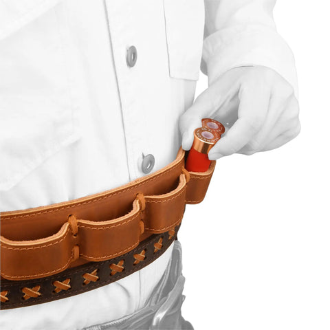 Man inserting shells into Rugged Cowhide Leather Shotgun Shell Bandolier Belt For 12 Gauge And 16 Gauge Ammo Built Tough With Handbraid Detailing