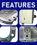 Close-up features of Beefed Up Aluminum 10R80 Transmission Pan Kit with magnetic drain plug, bolts, and gasket for Ford models.