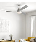 52 Inch LED Ceiling Fan With Light Kit, Brushed Nickel Finish, Downrod Mount, Silver And Gray Teak Finish Blades, Opal Frosted Glass Light