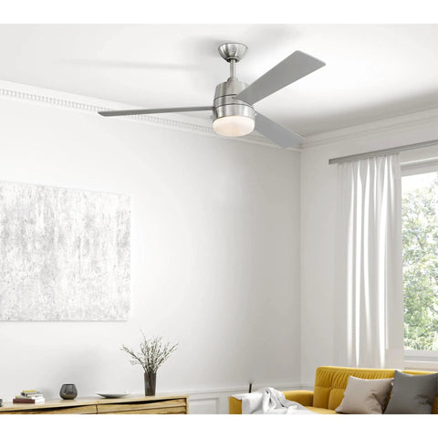 52 Inch LED Ceiling Fan With Light Kit, Brushed Nickel Finish, Downrod Mount, Silver And Gray Teak Finish Blades, Opal Frosted Glass Light