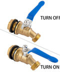Brass Rain Barrel Spigot With Three Quarter Inch GHT Male Thread Quarter Turn Ball Valve And Bulkhead Fitting, open and closed