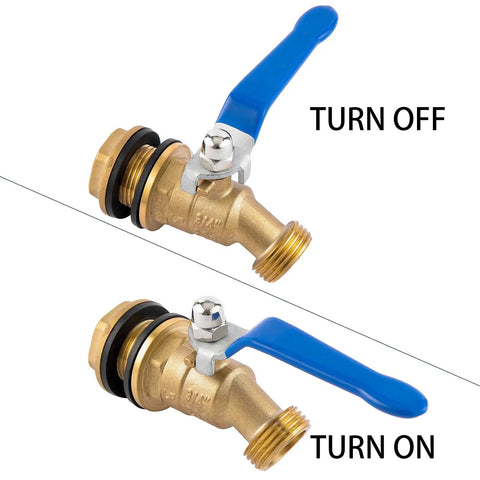 Brass Rain Barrel Spigot With Three Quarter Inch GHT Male Thread Quarter Turn Ball Valve And Bulkhead Fitting, open and closed