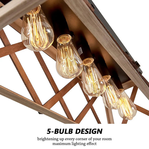 Open Cage Farmhouse Ceiling Light Fixture With 5 Light Dining Room Chandelier showing the underside with 5 exposed bulbs