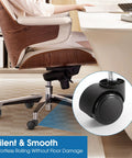 heavy duty office chair caster wheels in use on hardwood floor for smooth and quiet rolling with close-up of rubber caster design