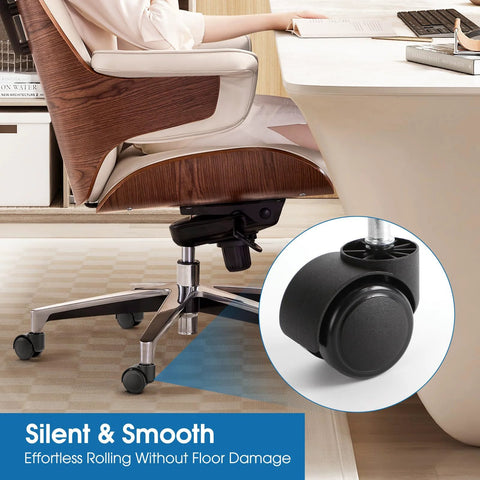 heavy duty office chair caster wheels in use on hardwood floor for smooth and quiet rolling with close-up of rubber caster design