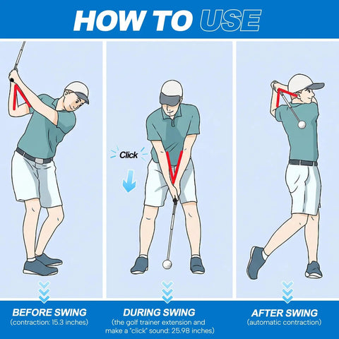 Illustration showing the use of the 5 In 1 Retractable Golf Swing Trainer For Right Or Left Handed Players With Arm Band Included at different swing stages.