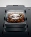 NoDrama Automatic Coffee Machine With OneTouch Espresso Brewing Milk Froth And Rapid SelfClean Design Programmable Strength Volume Controls For Smooth Daily Grinds In Piano Black with coffee beans visible in container.