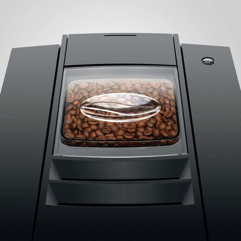 NoDrama Automatic Coffee Machine With OneTouch Espresso Brewing Milk Froth And Rapid SelfClean Design Programmable Strength Volume Controls For Smooth Daily Grinds In Piano Black with coffee beans visible in container.